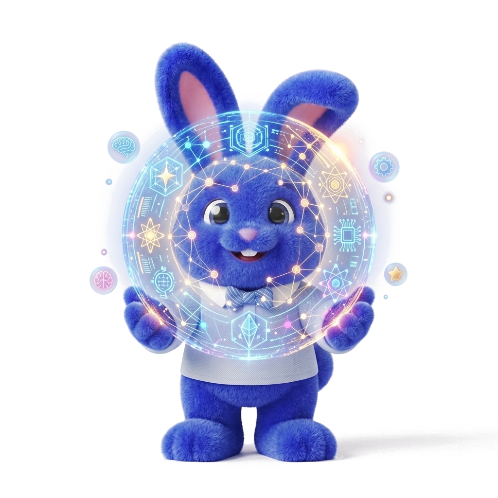 Chirak plush blue bunny mascot holding AI holo-sphere with Model Context Protocol