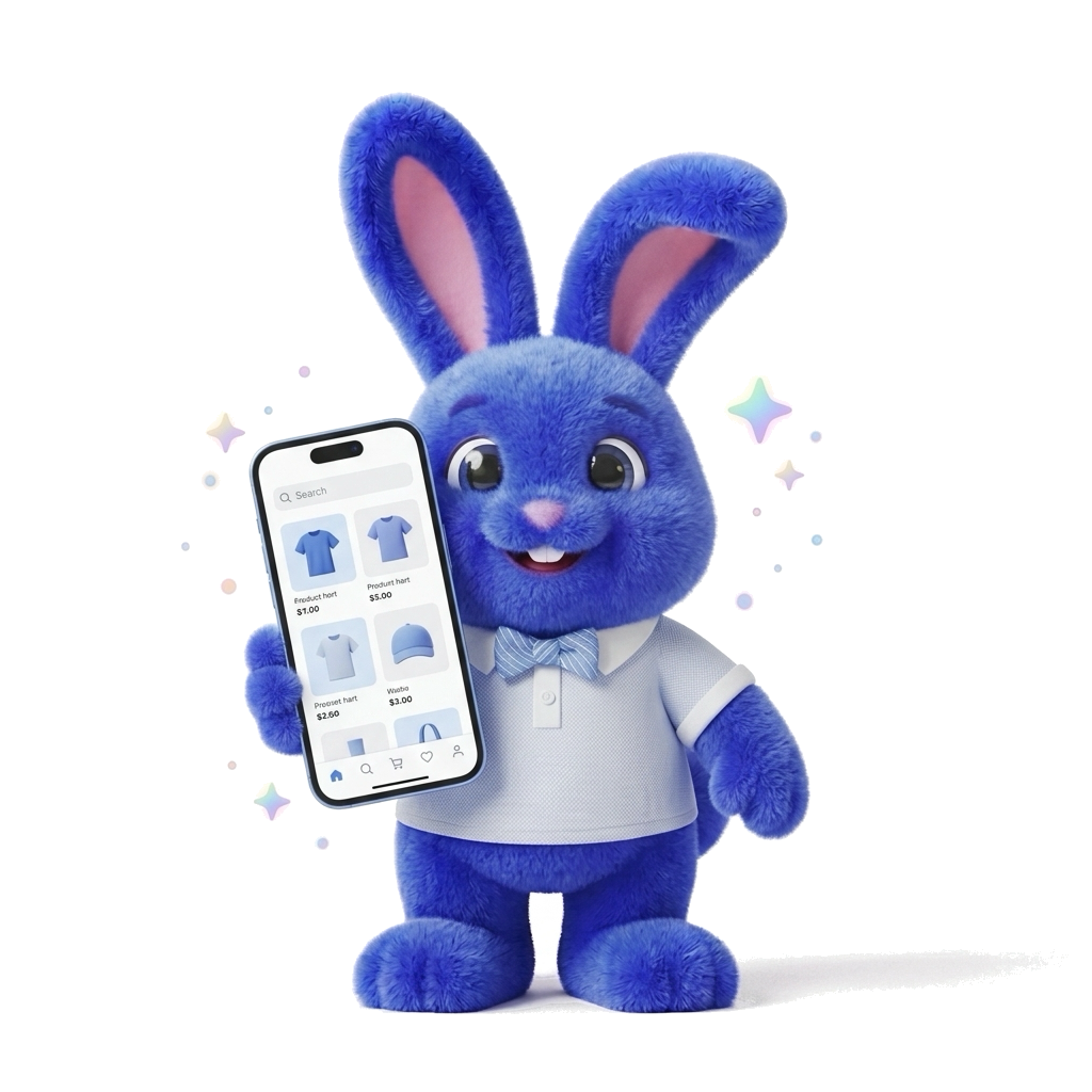 Chirak cute blue bunny mascot creating online storefront website